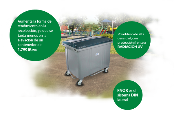 Contenedor Plástico para Residuos, 4 Ruedas, 1700 Lts, Mobiliario Urbano y  Equipamiento